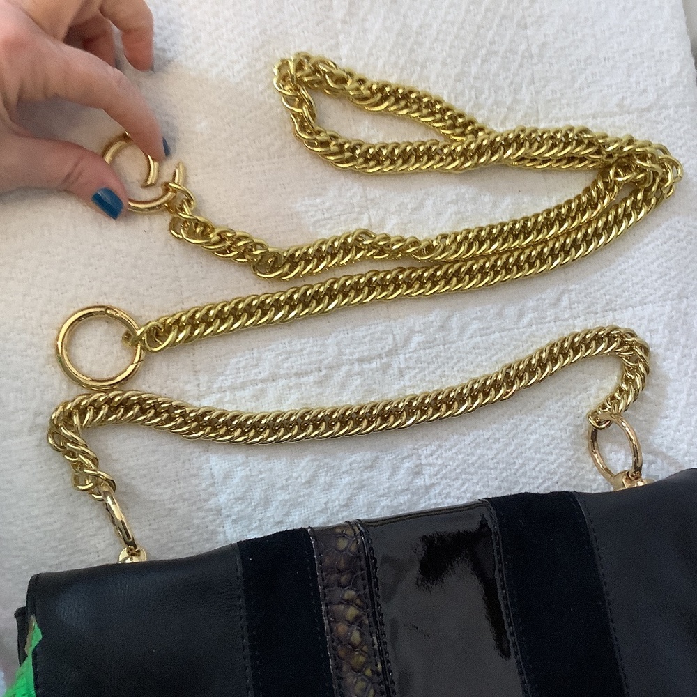 EUC Halston Heritage Black Leather suede shoulder  crossbody gold chain - Picture 5 of 17